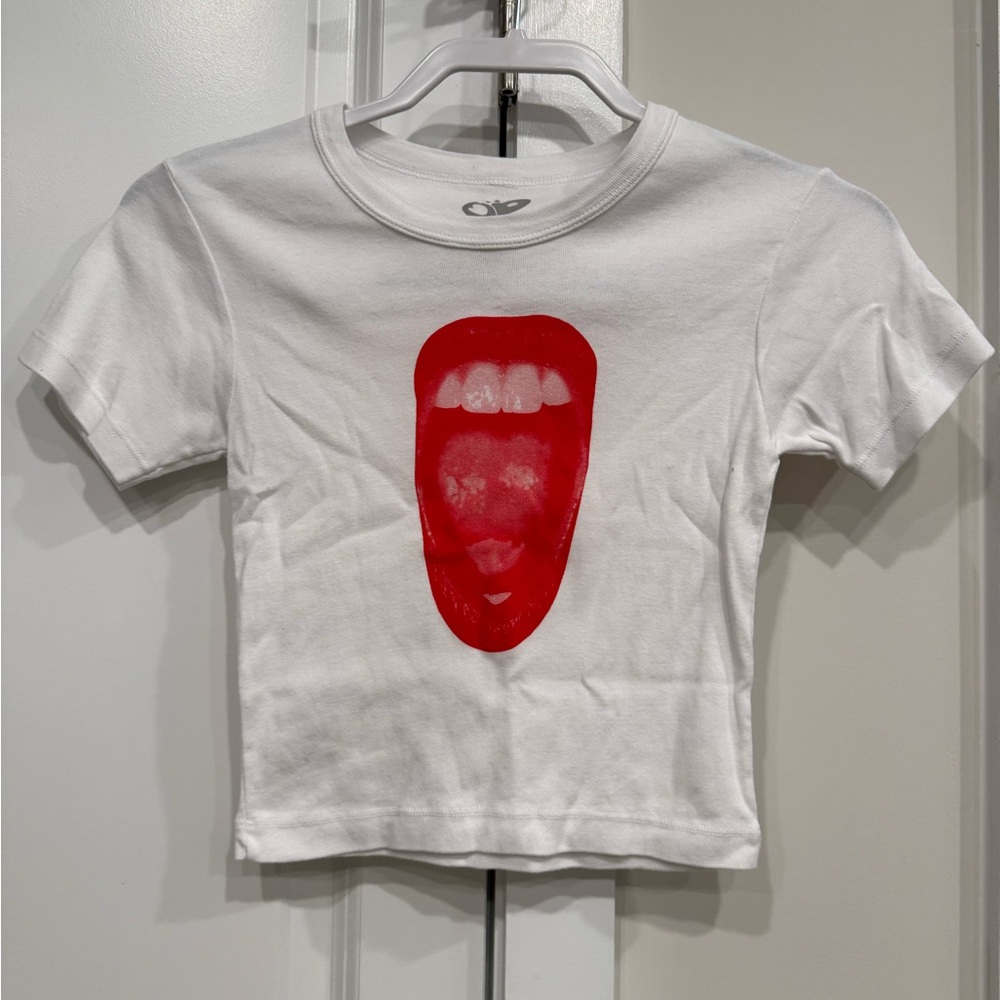 Olivia Rodrigo White Crop Top with Red Mouth Graphic